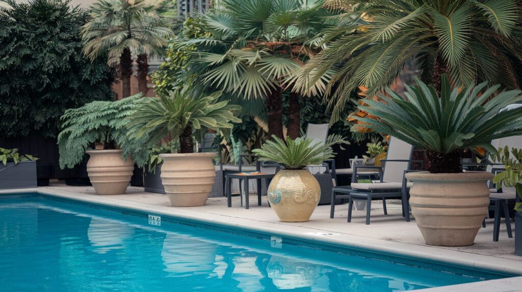 An above-ground or in-ground pool area with large stylish potted plants