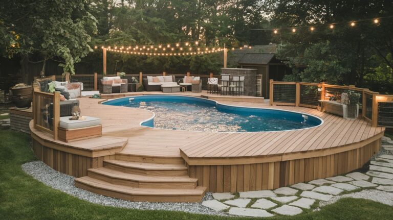 An above-ground pool with a custom-built wooden deck wrapping around it diy