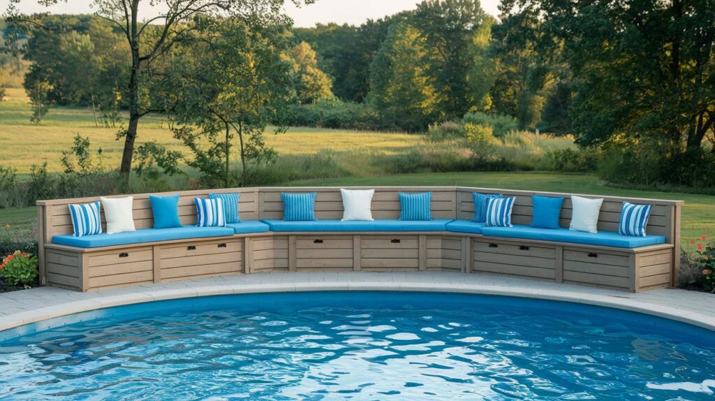 An above-ground pool with built-in bench seating