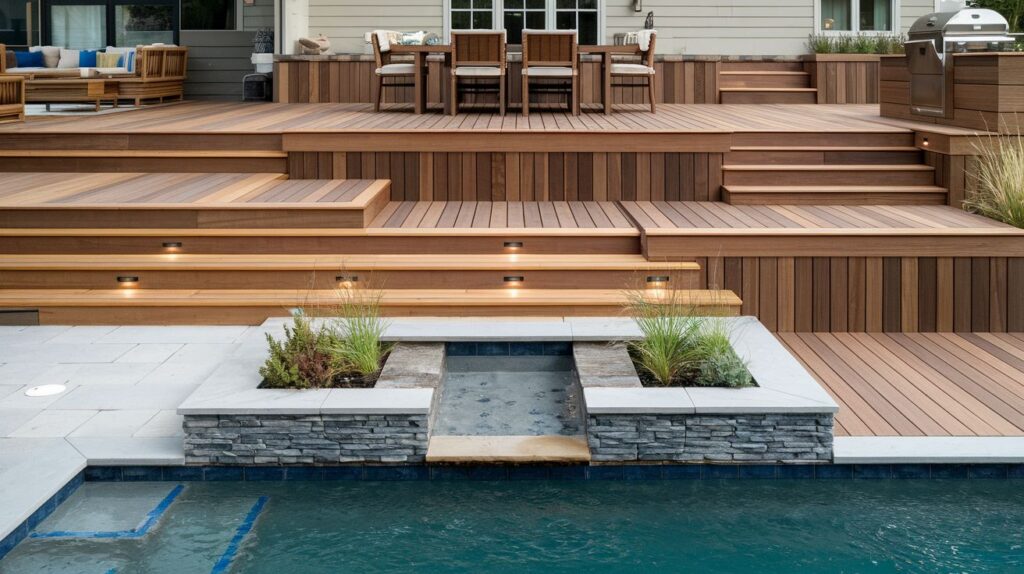 Backyard pool deck with a multi-level layout