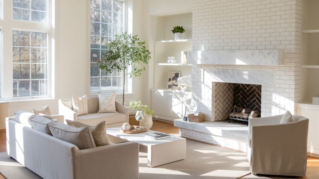 Classic White Fireplace with Marble Accents