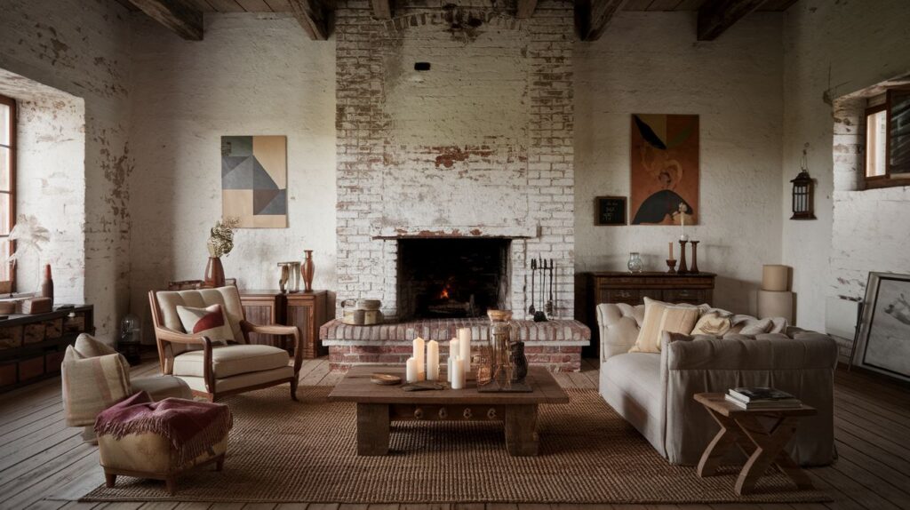 Distressed Look Fireplace in a Farmhouse Setting