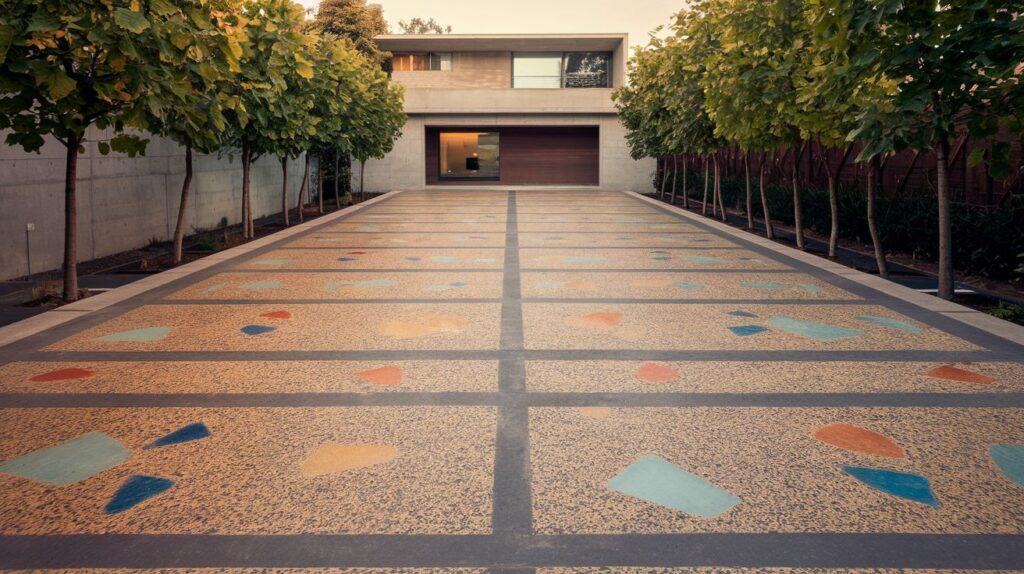 Driveway with a terrazzo-style concrete finish