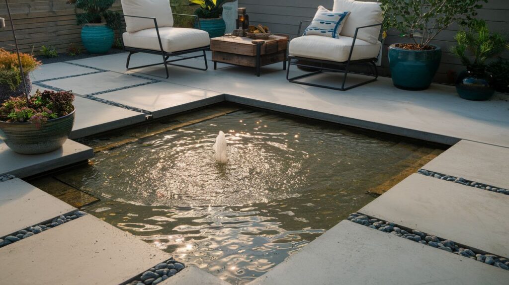 Patio with a concrete slab and small water fountain