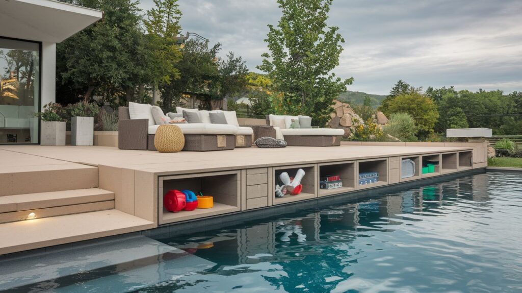 pool border design with built-in storage compartments