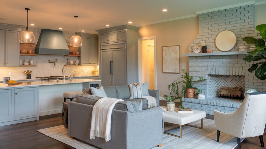 Soft Gray Fireplace in a Cozy Kitchen-Living Space