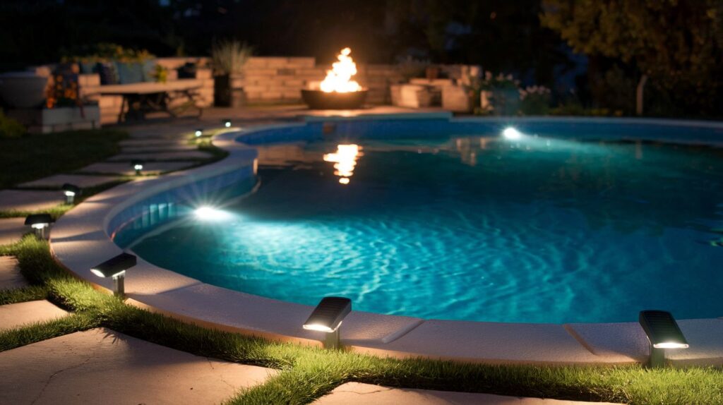 Solar Lighting Elements near pool in backyard