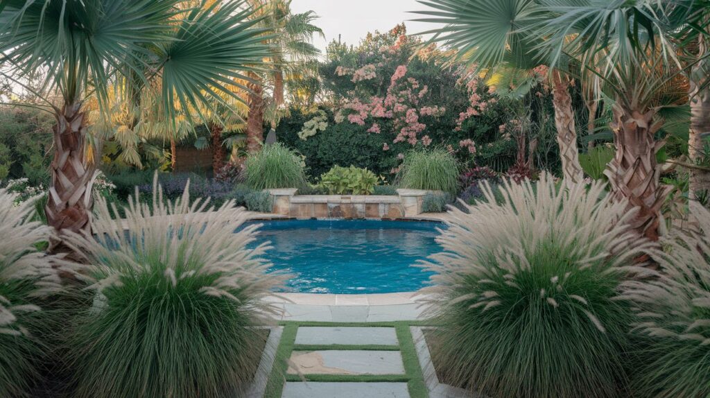 Strategic Plant Placement Tropical Inspired Pool backyard