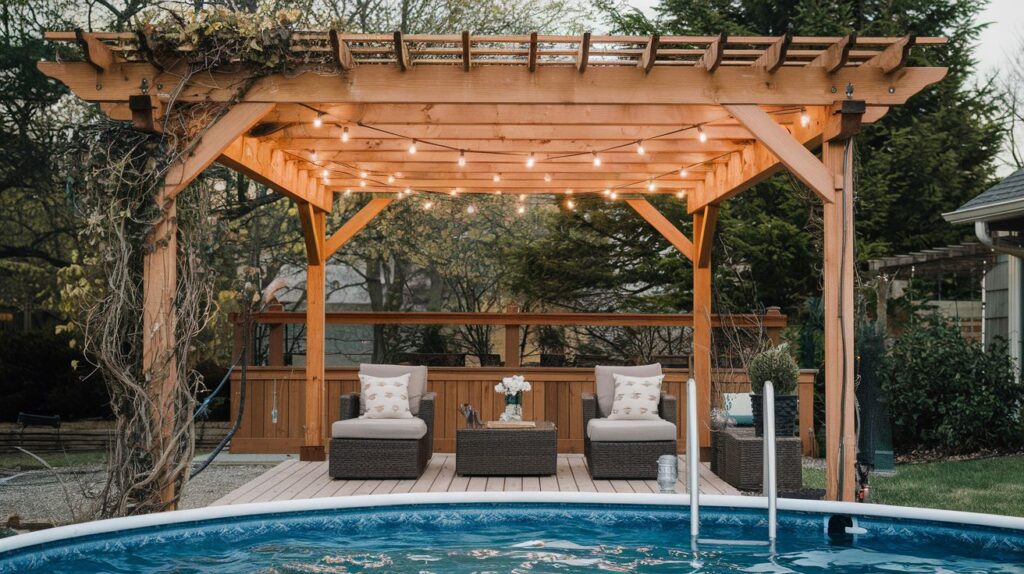 Wooden pergola positioned near an above-ground pool