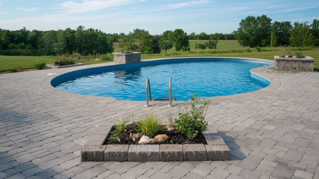 above-ground pool bordered by elegant modern pavers design