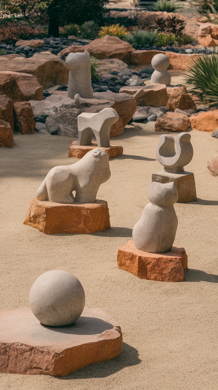 A collection of artistic stone sculptures arranged in Front Yard Landscaping Ideas With Rocks No Grass