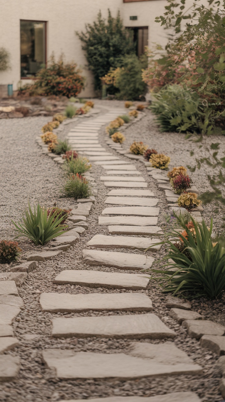 A winding stone pathway surrounded by gravel and colorful plants in a front yard.