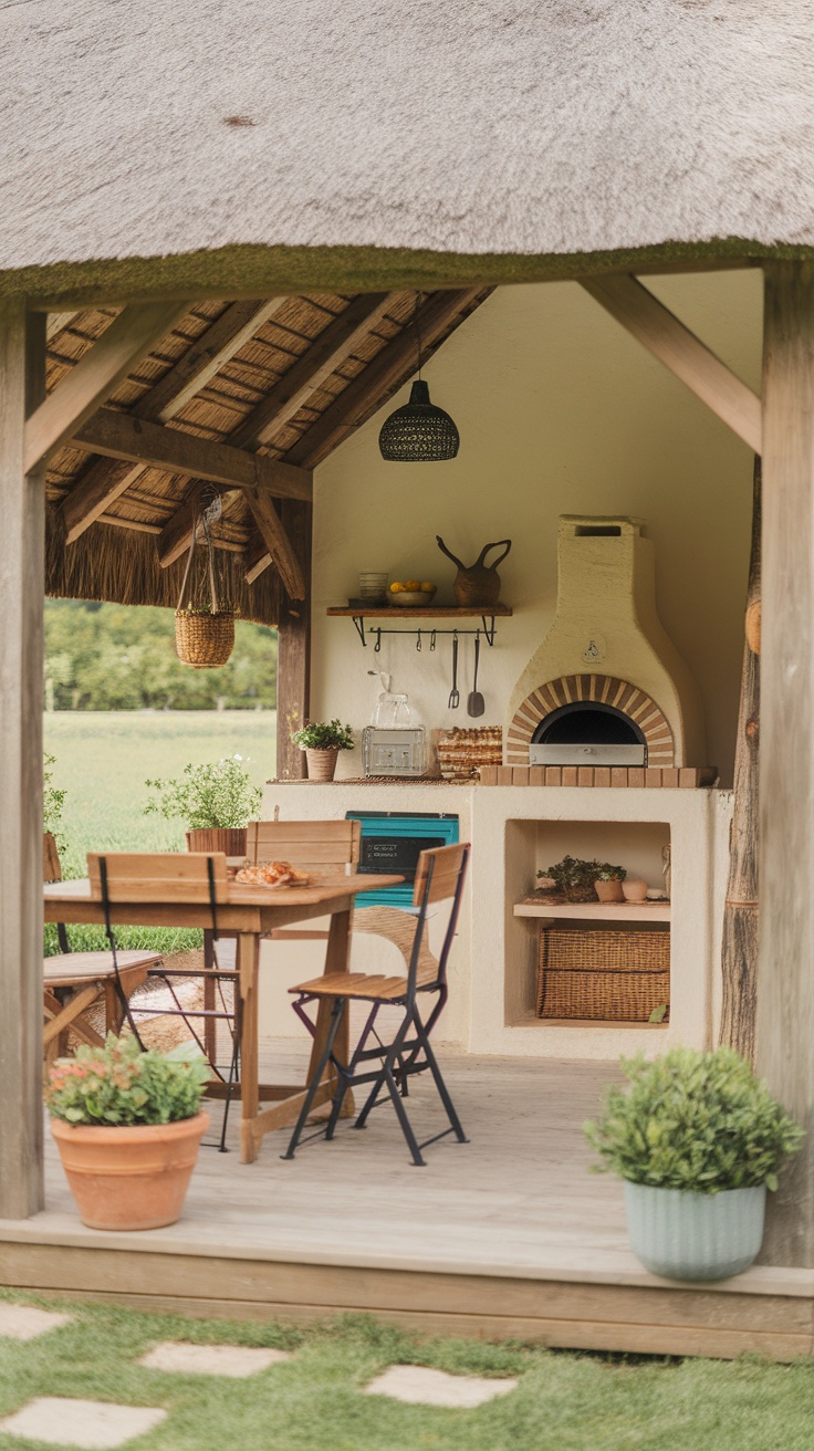 A charming outdoor kitchen with a thatched roof, wooden dining furniture, and a built-in oven