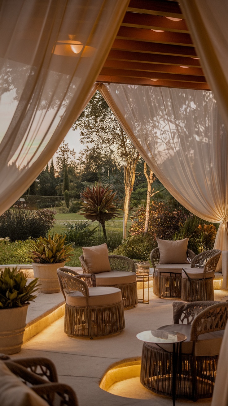 A cozy outdoor lounge space with flowing fabric drapes, plush cushions, and soft lighting.