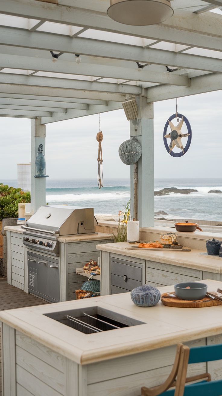 A covered outdoor kitchen in a coastal beach house style, featuring a polycarbonate roof, light wood cabinetry, and ocean views.