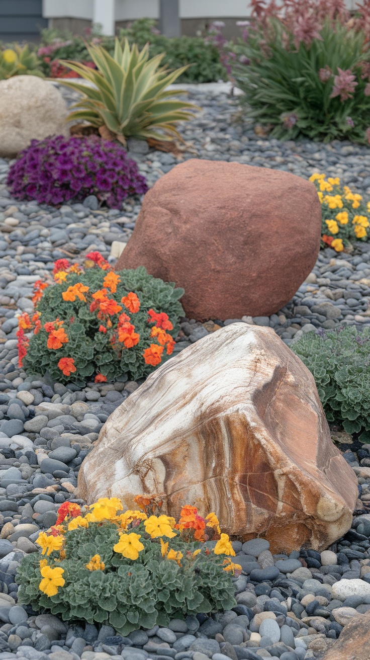 A colorful front yard landscape featuring boulders, pebbles, and vibrant flowers.