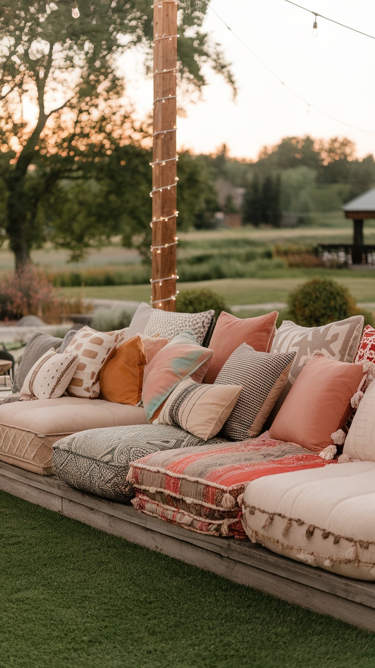 A cozy outdoor seating area with an assortment of colorful cushions on a wooden bench.