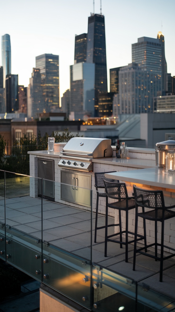 A contemporary outdoor kitchen with sleek appliances, set against a city skyline at dusk.