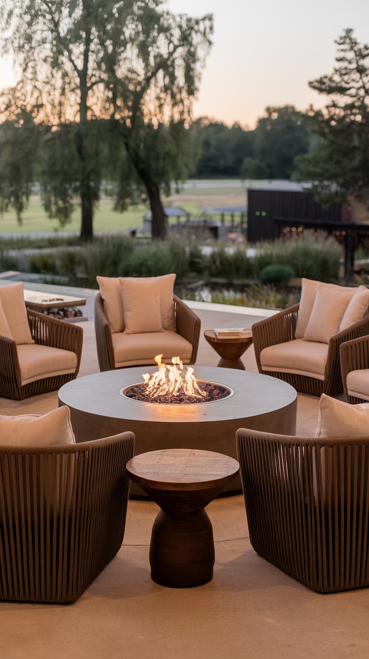 Cozy outdoor seating arrangement around a fire pit with plush chairs and a wooden side table.