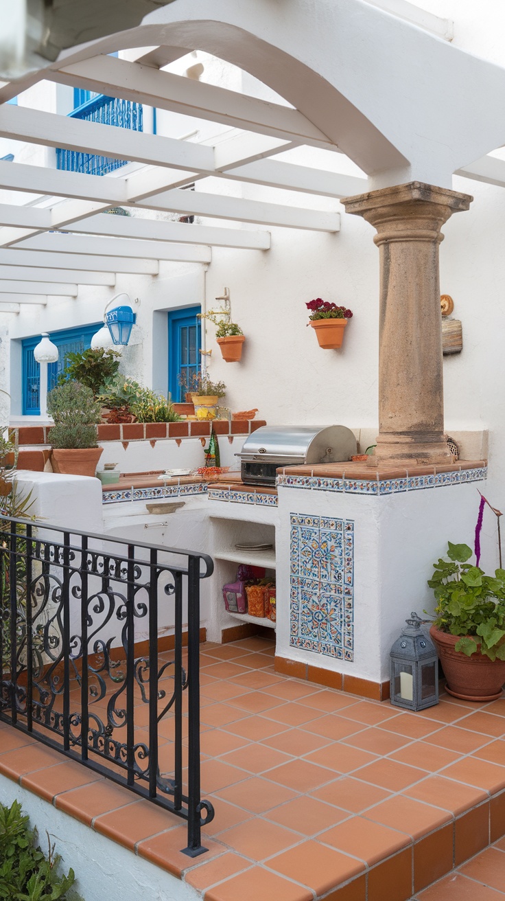 Outdoor kitchen with white walls, blue accents, and a pergola, showcasing a Mediterranean style.