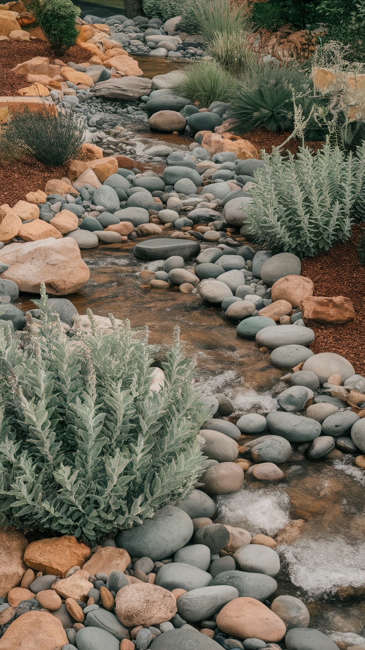 A dry river bed landscape featuring smooth stones, a small stream, and lush greenery.