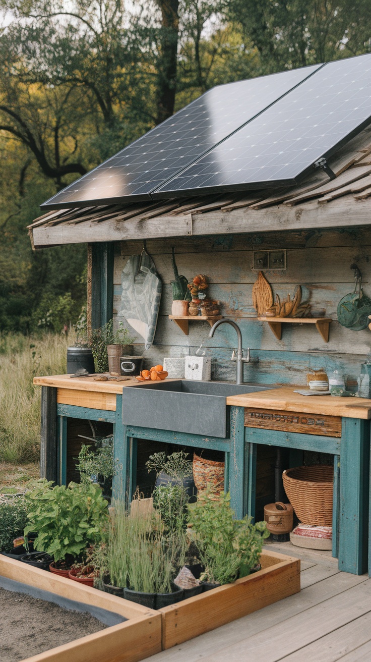 Eco-friendly outdoor kitchen with solar panels, wooden cabinetry, and herb garden.