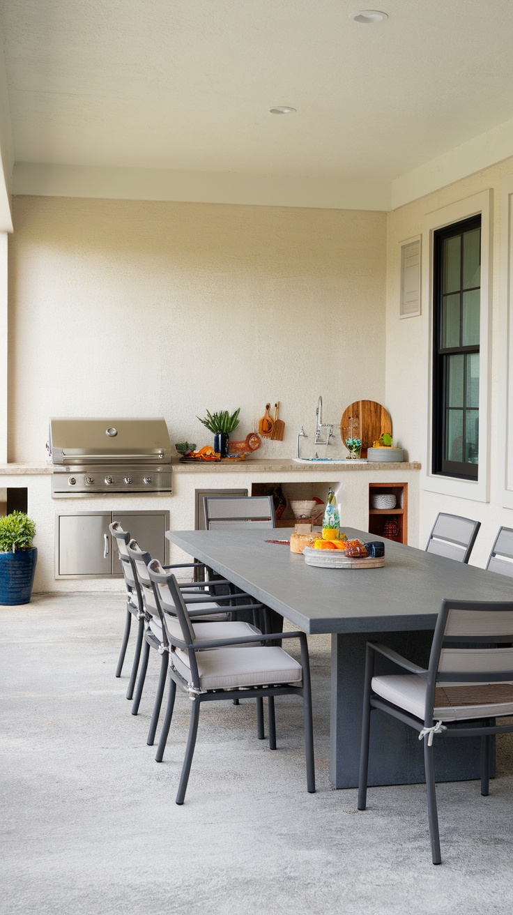 Spacious covered outdoor kitchen with a modern grill and dining area.