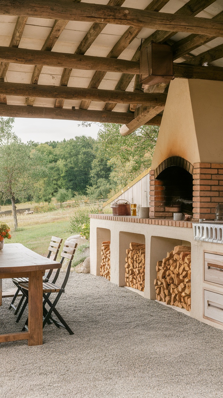 Outdoor kitchen with a rustic wood-beamed roof, built-in grill, and dining table in a farmhouse setting.