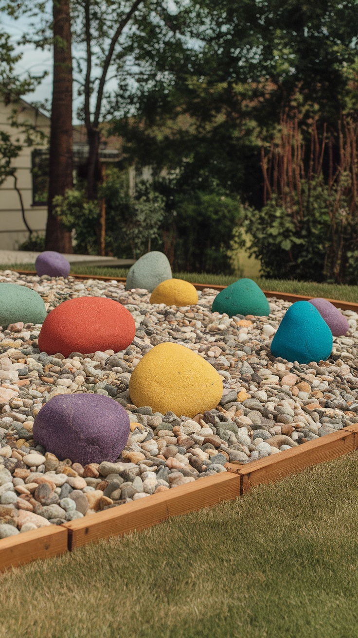 A gravel bed featuring colorful decorative stones in a landscaped front yard.