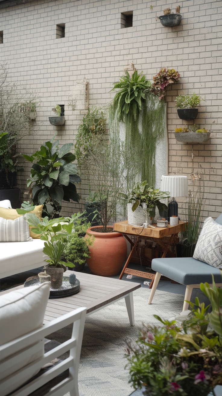 An outdoor living room with various potted plants and greenery, featuring a cozy seating area and a wooden table.