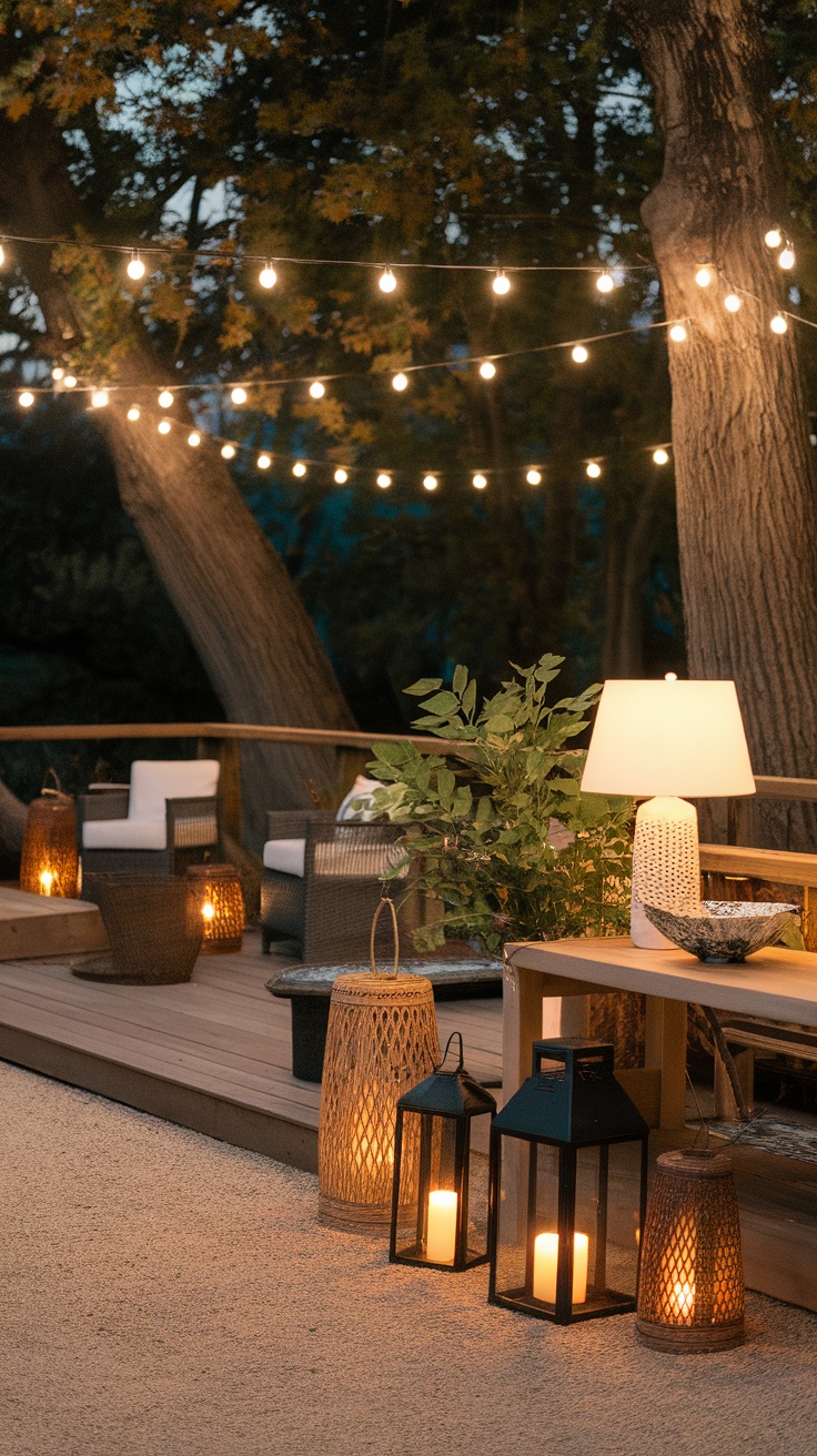 Outdoor living space with string lights and lanterns creating a cozy atmosphere.