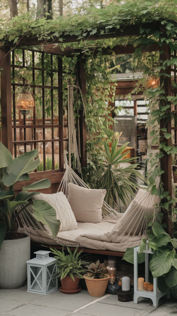 A cozy outdoor space featuring a hammock swing, cushions, and potted plants surrounded by greenery.