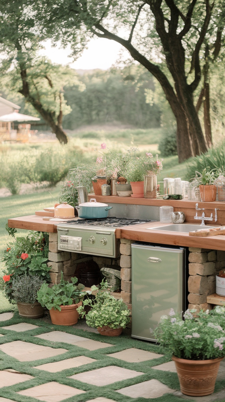 An outdoor kitchen surrounded by green plants and flowers with a rustic design.