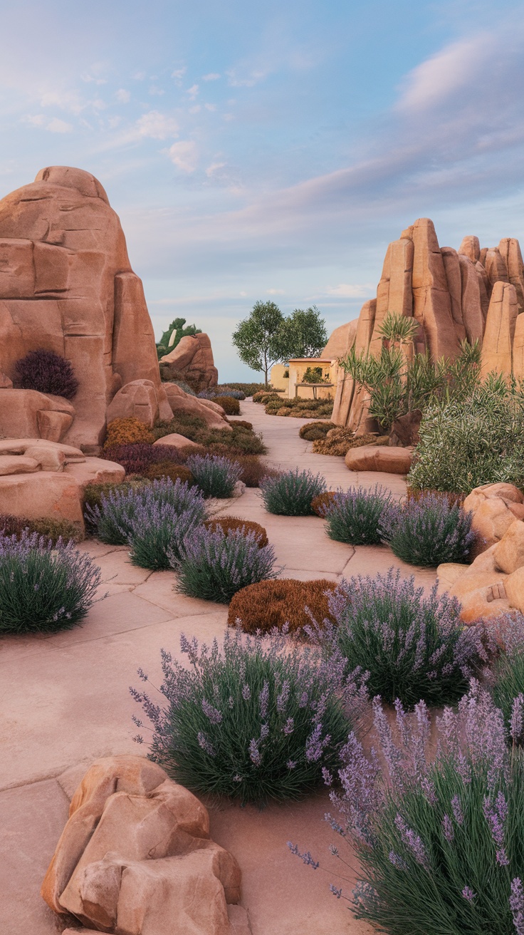 Mediterranean rock landscaping with plants and a path