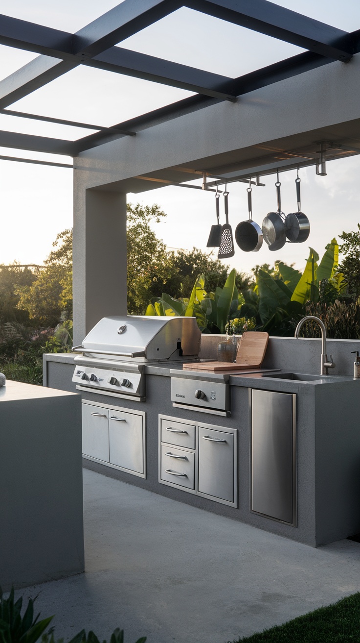 Modern outdoor kitchen featuring stainless steel appliances and a polycarbonate roof