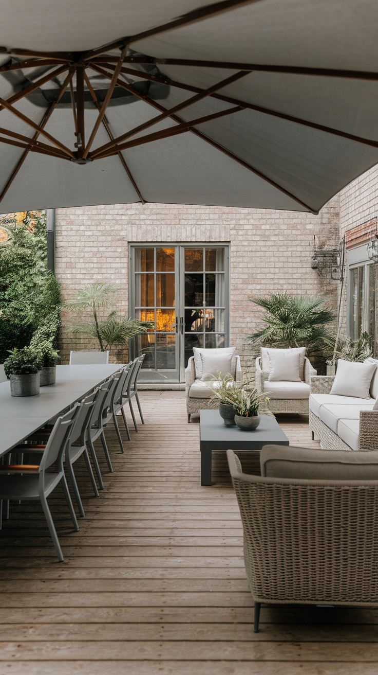 Stylish outdoor living room with seating and dining area.