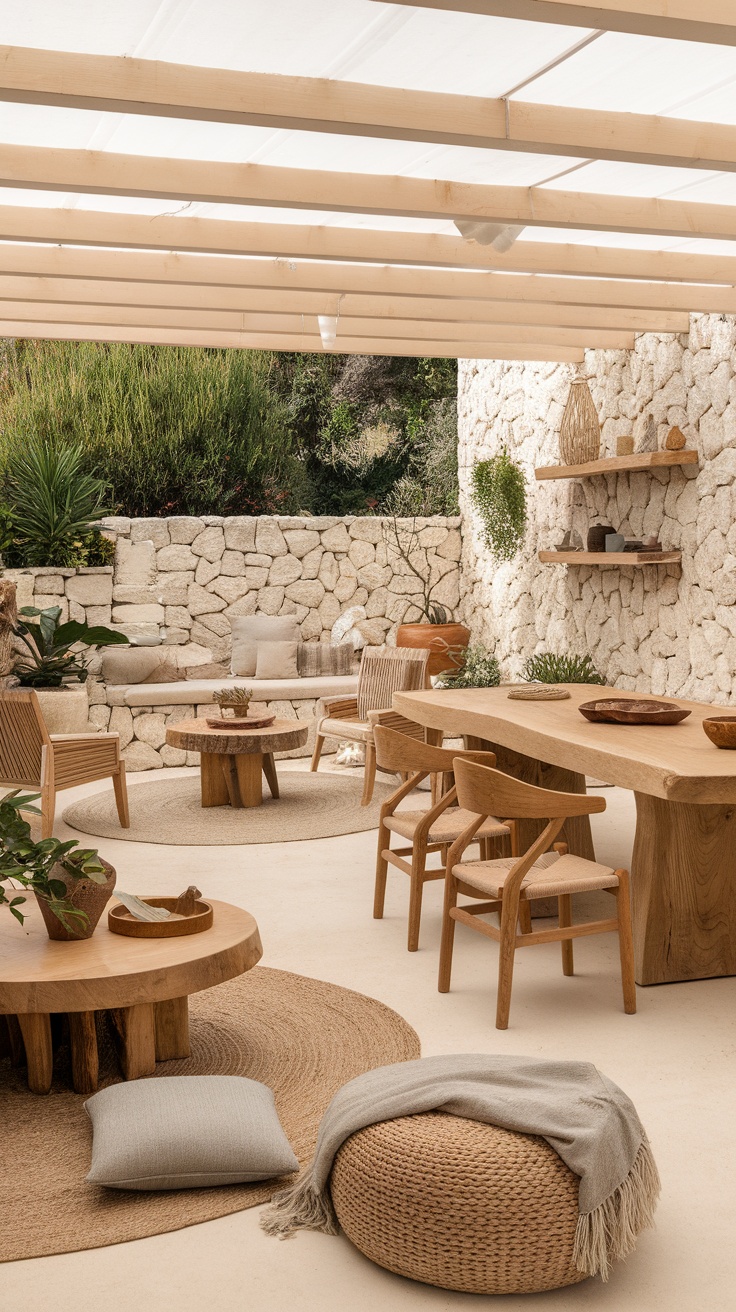 A stylish outdoor living room featuring natural wood furniture, a stone wall, and potted plants, creating a warm and inviting atmosphere.