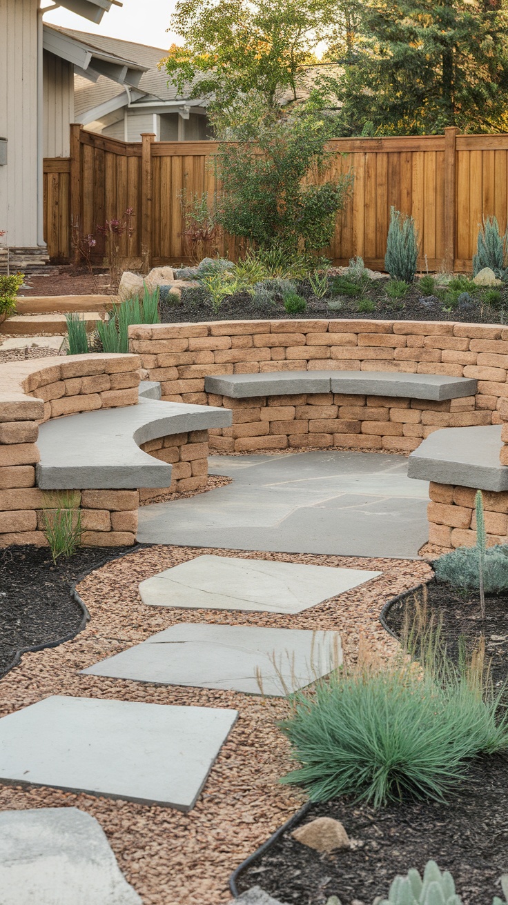 A circular stone seating area surrounded by gravel and greenery, featuring Front Yard Landscaping Ideas With Rocks No Grass