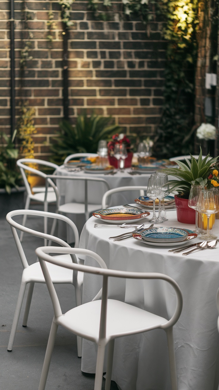 Outdoor dining setup with white tables and colorful plates