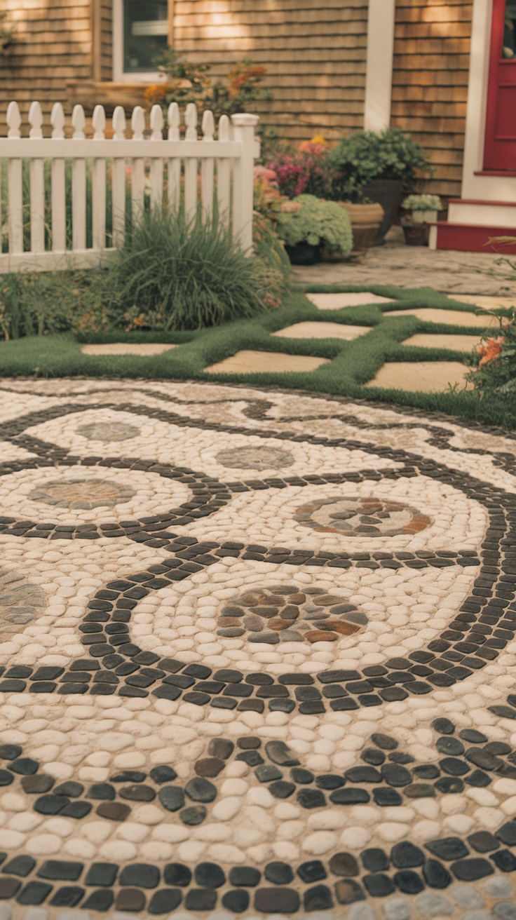 Pebble mosaic design in a front yard with smooth stones arranged in circular patterns.