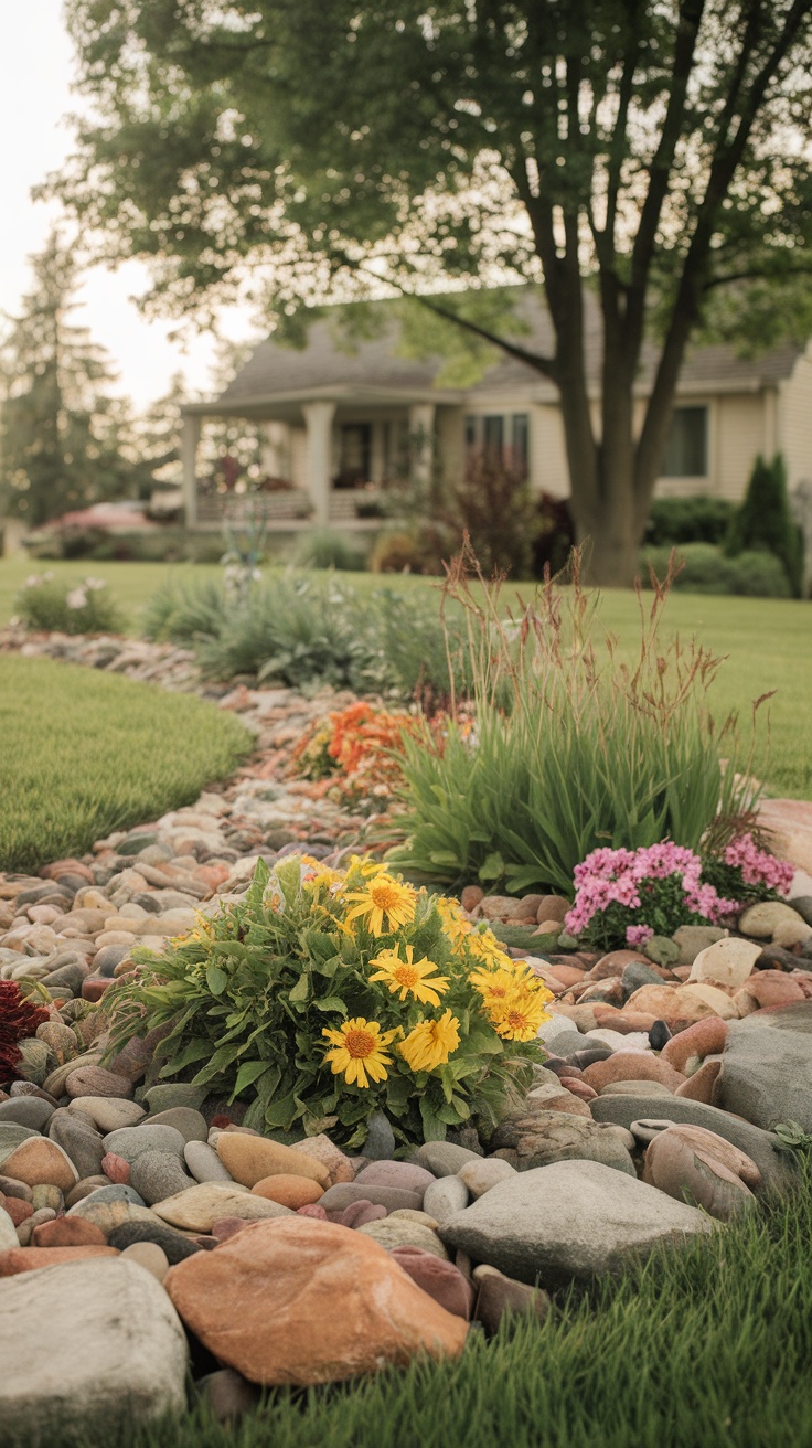 A vibrant rock border garden featuring colorful flowers surrounded by smooth stones.