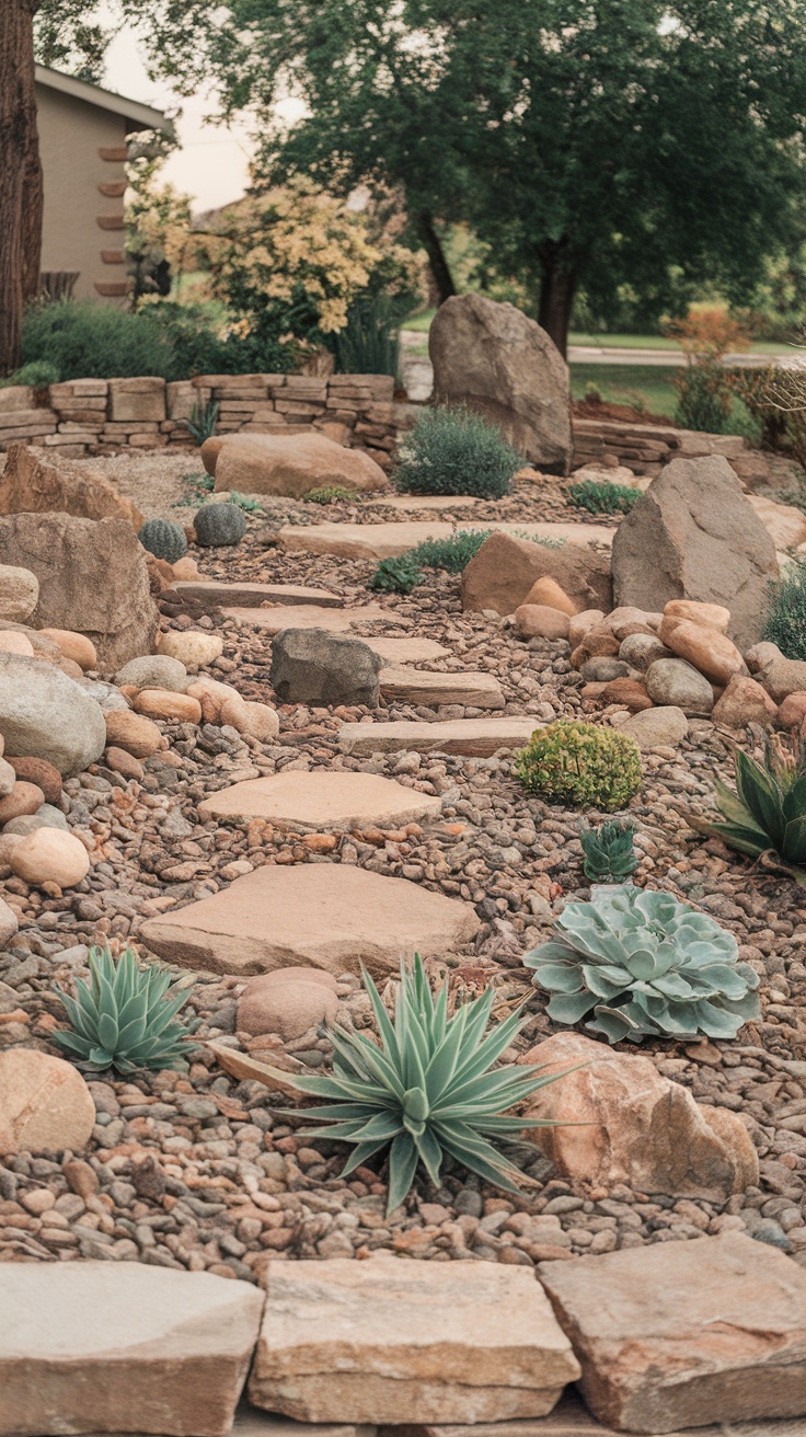 A serene rock garden with stone pathways, various rocks, and succulents.