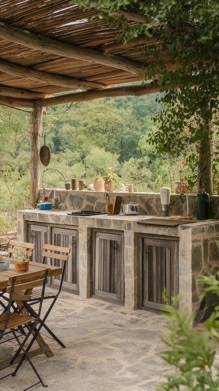 Outdoor kitchen with wooden beams and stone countertops, surrounded by greenery