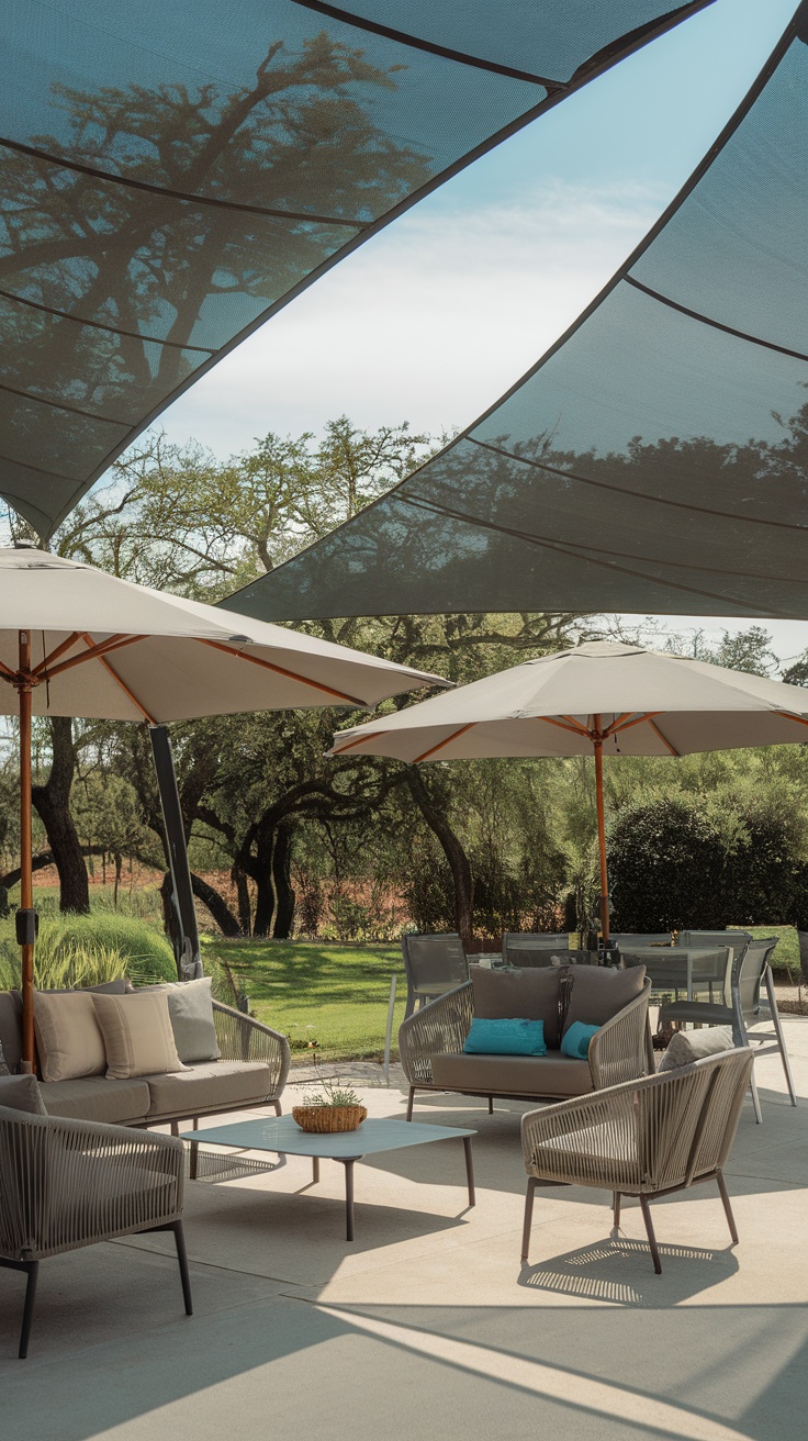 Stylish outdoor living area with umbrellas and fabric canopies providing shade.