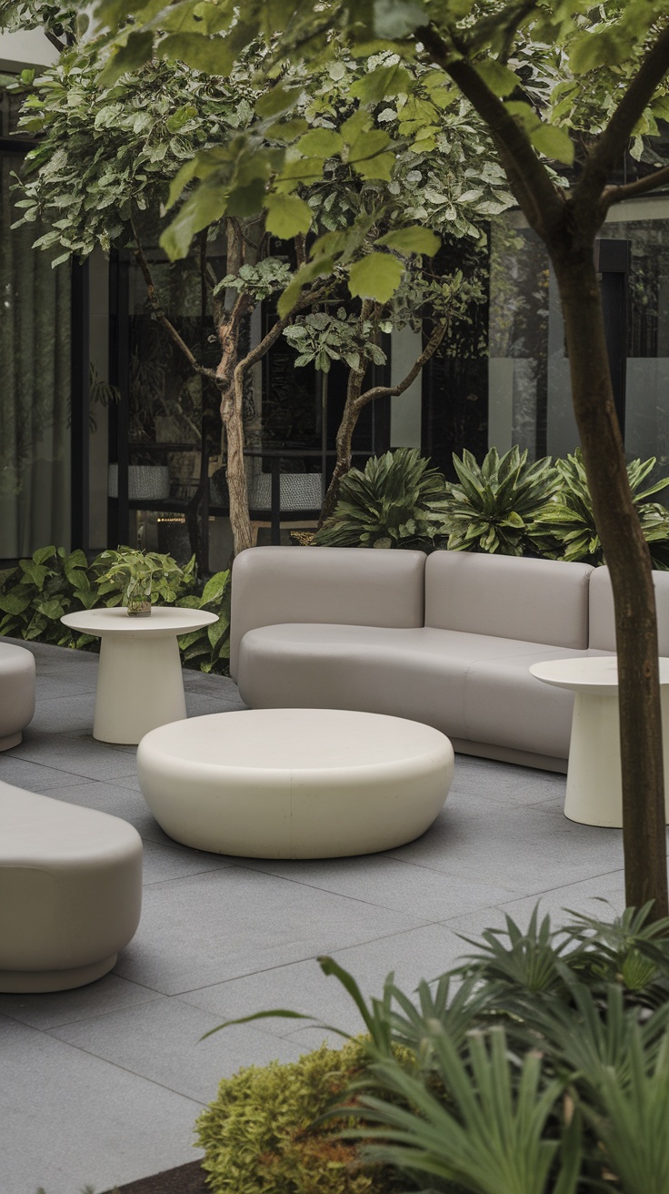 A stylish outdoor living room featuring modern furniture, including curved couches and round tables surrounded by greenery.