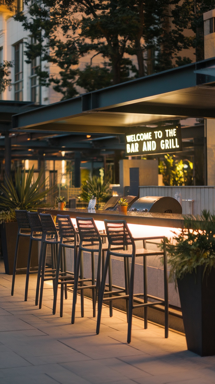 A sleek outdoor bar and grill with stylish bar stools and warm lighting, surrounded by greenery.