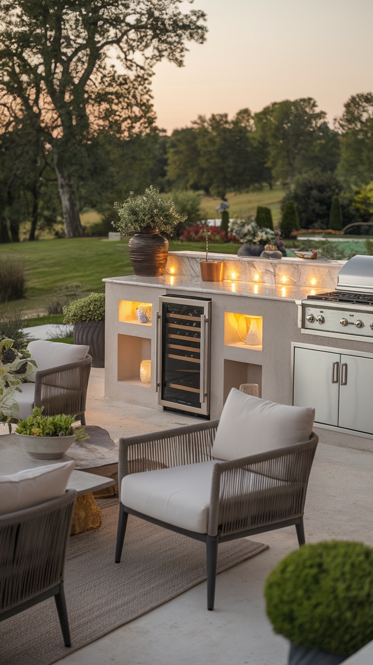 Sophisticated outdoor kitchen with grill and cozy seating