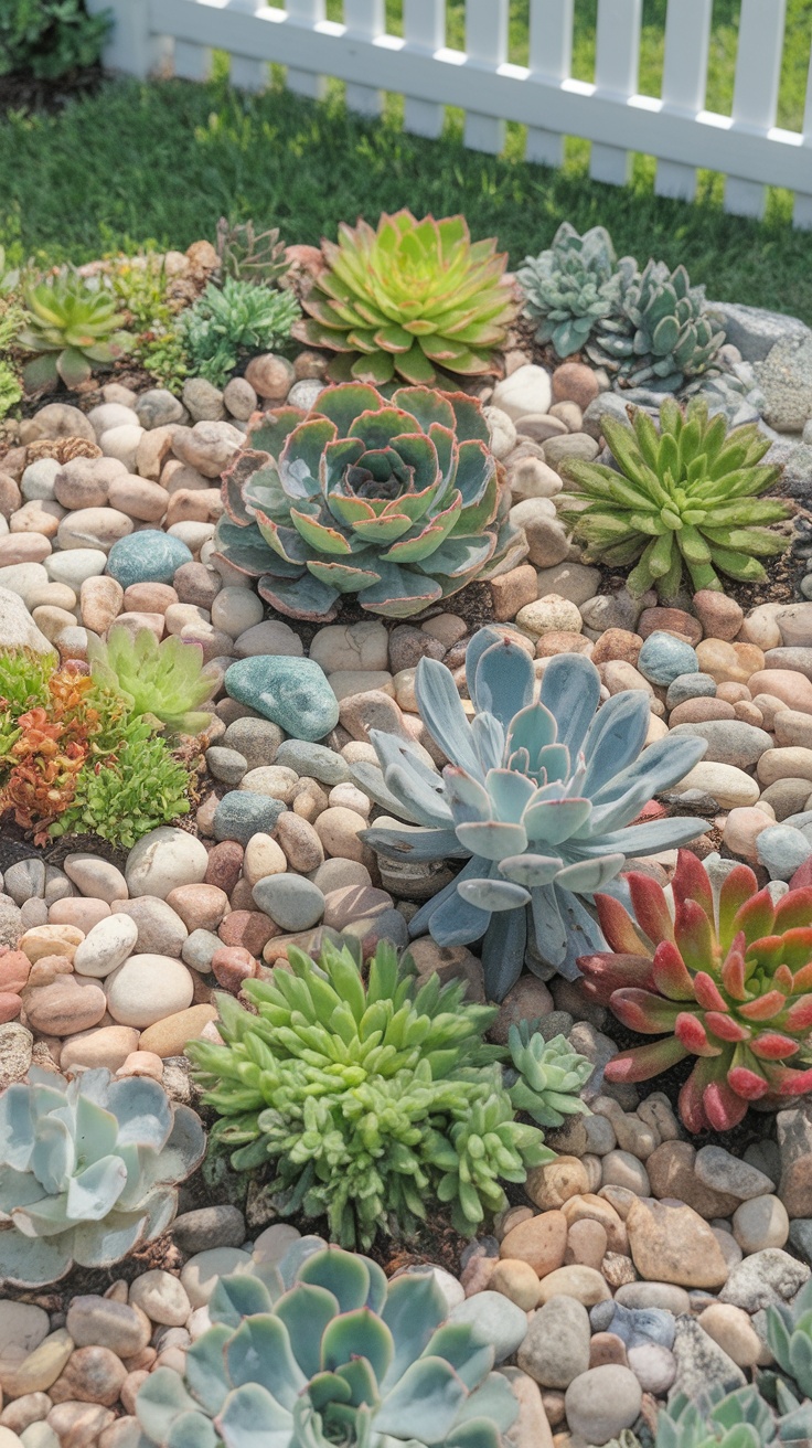 A landscaped area featuring various succulents arranged among smooth stones.