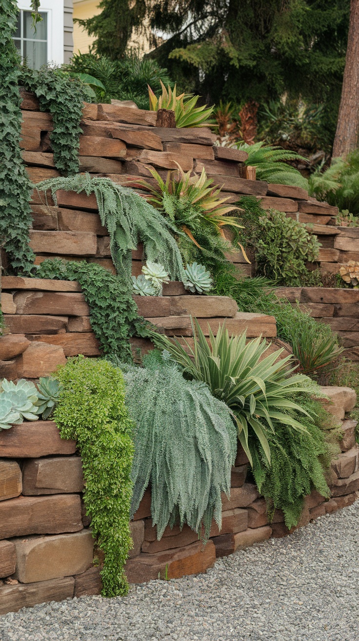 Terraced rock wall with various plants cascading over the stones