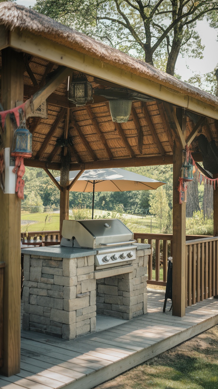 Traditional BBQ pavilion with a thatched roof and stone grill station, surrounded by greenery.